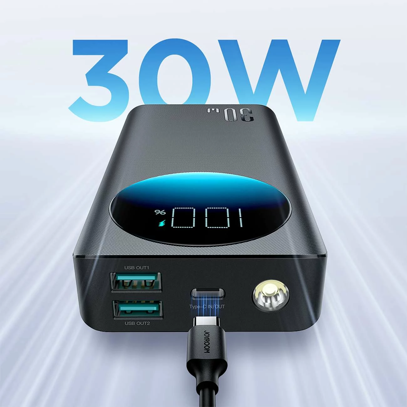 Powerbank Joyroom JR-PBF03, 30000mAh, 30W, me kabllo USB-A në USB-C, e zezë