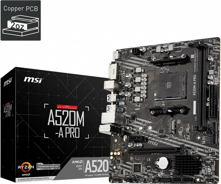 Pllakë amë MSI A520M-A PRO, Socket AM4, mATX, 2 x DDR4, DVI/HDMI, USB 3.2, e zezë