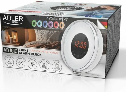 Orë alarmi me dritë Adler AD 1916, simulim lindje dielli, FM radio, USB-C, ndriçim ambient 6 ngjyra, multikolor