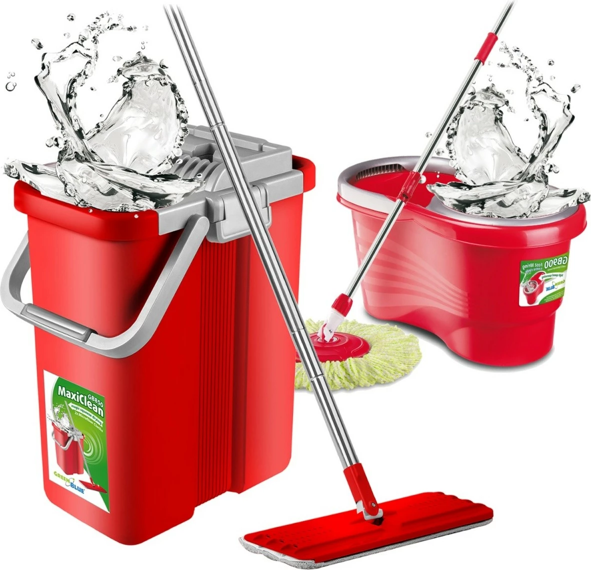 Mop i sheshtë GreenBlue MaxiClean GB850 me kovë dhe shtrydhëse, i kuq