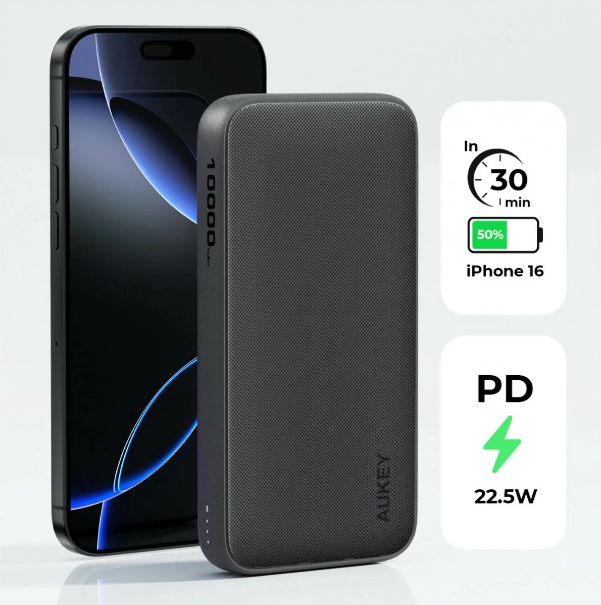 Power bank AUKEY PB-Y46P Spark Go, 10000mAh, 22.5W, 2xUSB, USB-C kabllo, Zi