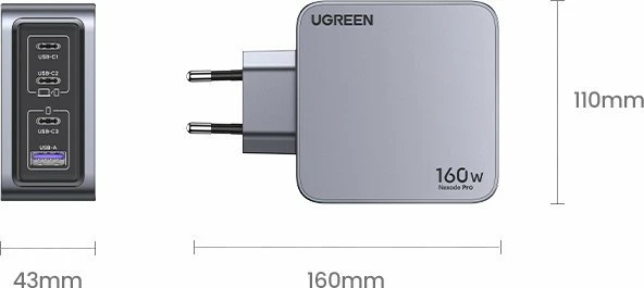 Karikues Ugreen Nexode Pro UGR1838 160W, 1x USB-A + 3x USB-C, GaN II, me kabllo, gri