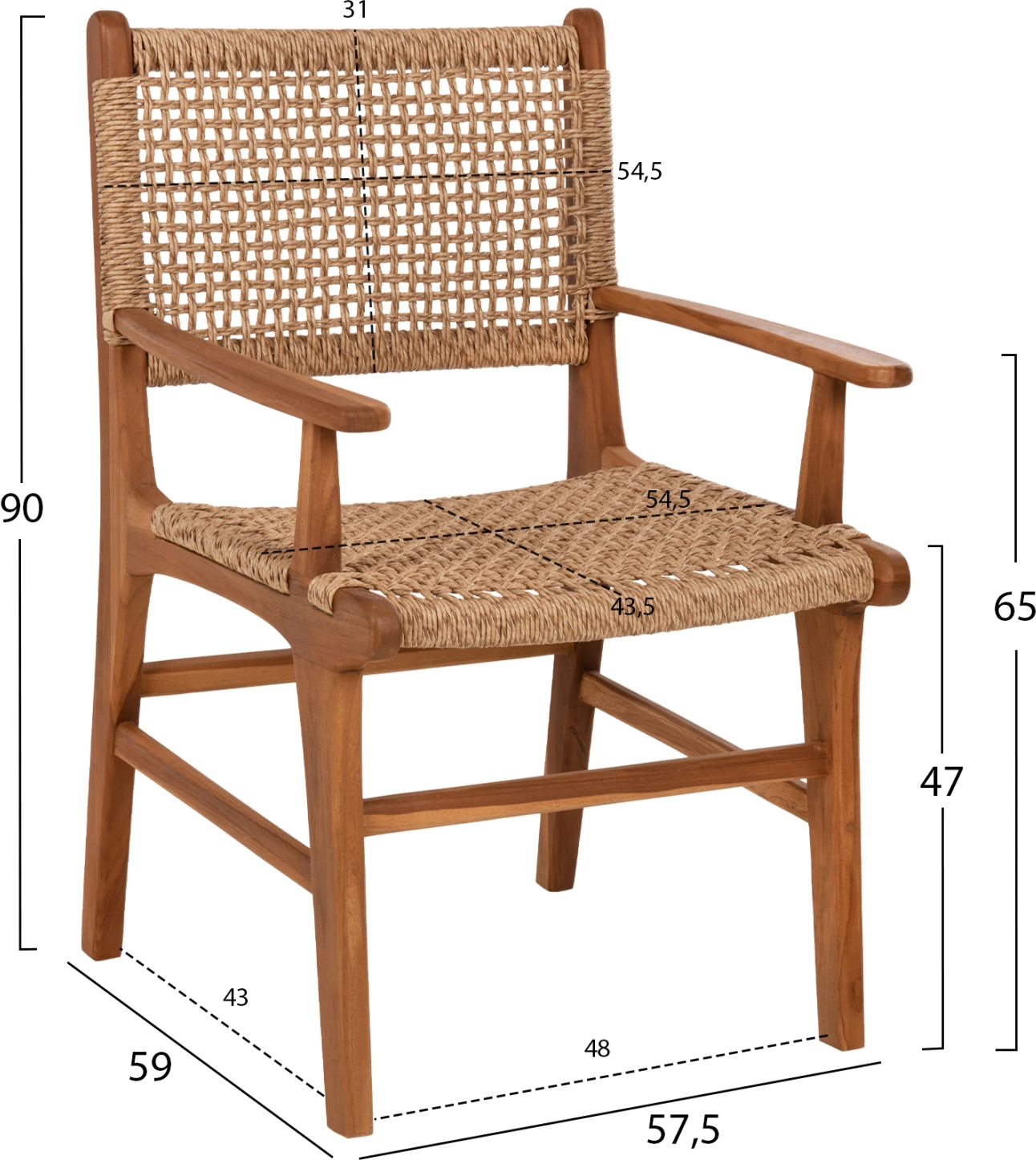 Karrige NESHA, dru TEAK, ngjyrë natyrale, VIRO litar, 57x57x86H cm