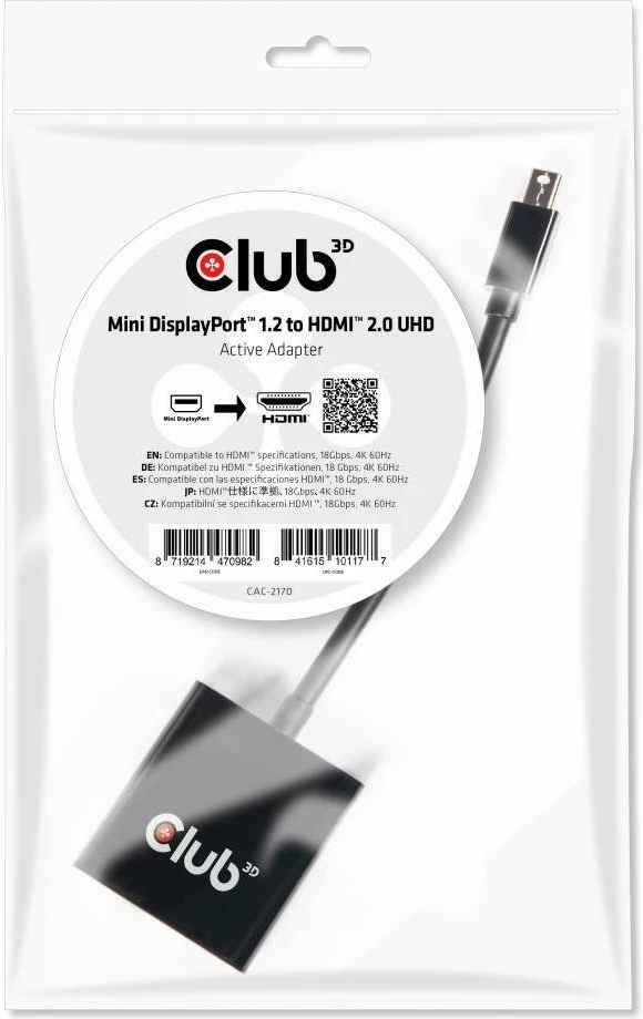 Adapter Club3D Mini DisplayPort në HDMI 2.0, 4K60Hz, i zi