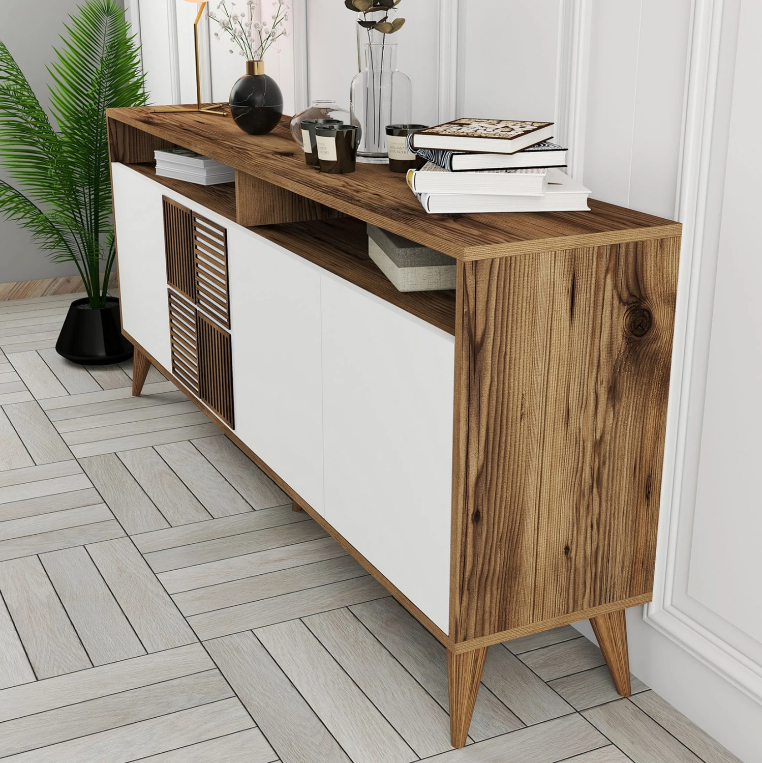 Bufe melamine në ngjyrë arre me dyer të bardha 180x35x78.6Hcm.FH9431.02