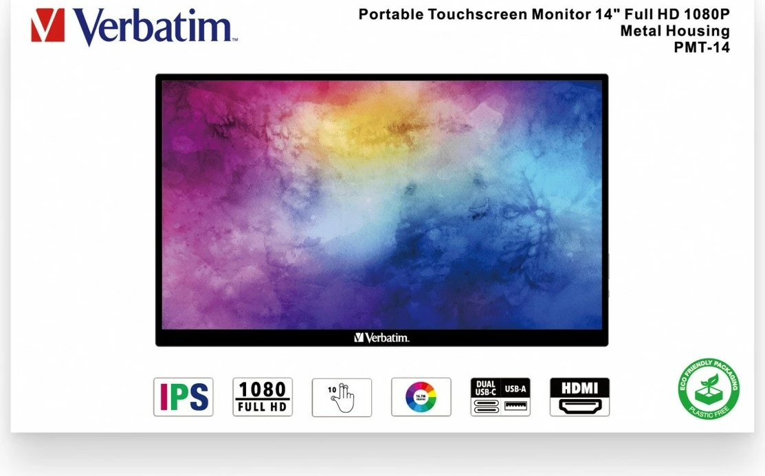 Monitor portativ me prekje, Verbatim PMT-14, 14" Full HD IPS, 10-pika, altoparlantë të integruar, USB‑C/HDMI, i zi