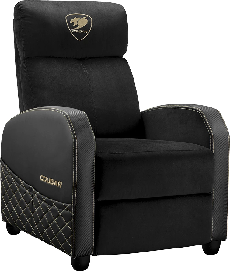 Sofa gaming COUGAR Ranger Elite Gold, kënd shpine 95-160°, kapacitet 135 kg, pëlhurë velvet, kornizë çeliku, zi/ari