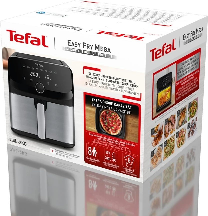 Fritezë me ajër të nxehtë Tefal Easy Fry Mega EY855D10, 7.5 L, E zezë, Inox