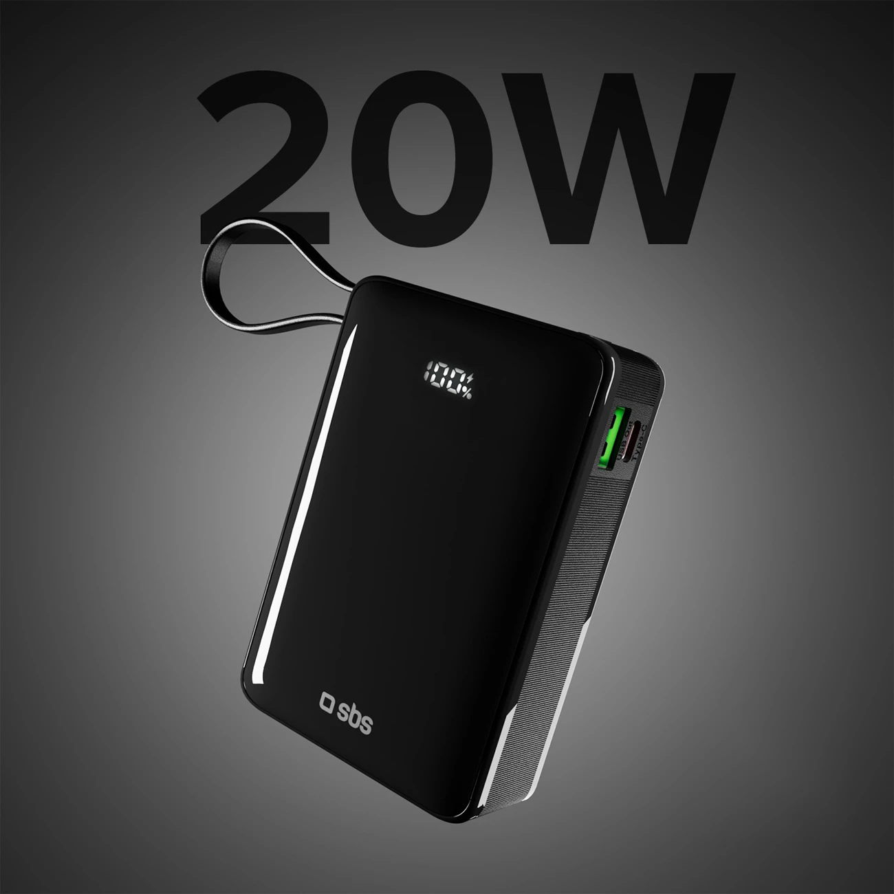 Powerbank SBS 20000 mAh 20W me kabllo USB-C të integruar dhe ekran digjital, e zezë