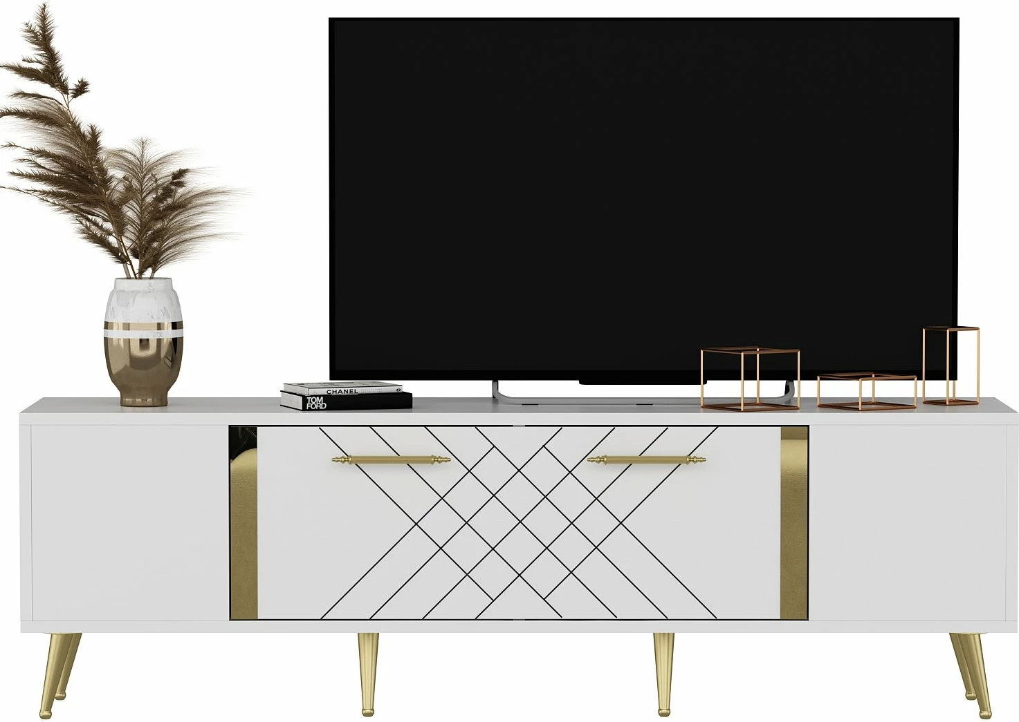 Komodë televizori, ngjyrë e bardhë dhe ari, Skye Decor, dizajn modern, 150x48.2x35cm