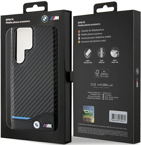 Mbështjellës BMW Leather Carbon për Samsung Galaxy S24 Ultra S928, i zi