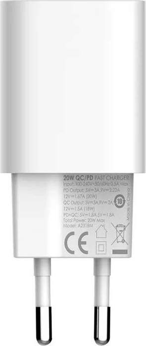 Karikues muri LDNIO A2318M, 20W, USB, USB-C, me kabllo USB-C në Lightning, Bardhë