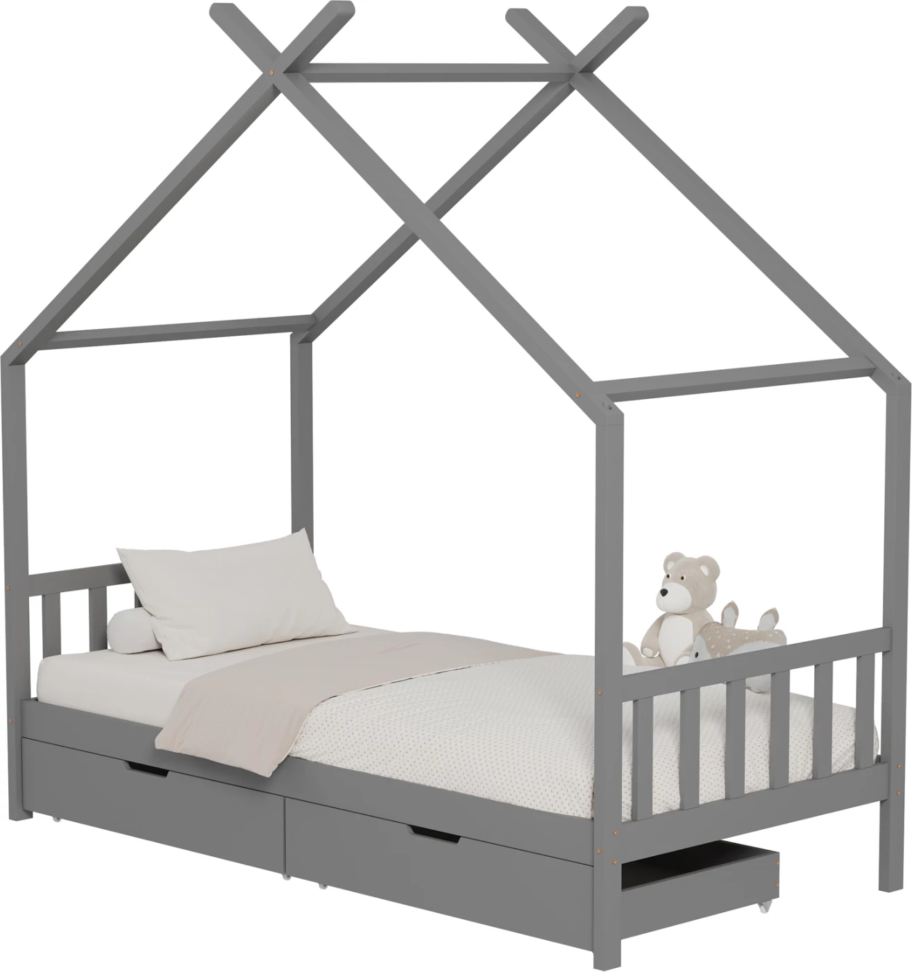 Krevat për fëmijë KLARICE FH680.05 Montessori-2 sirtarë-dru pishe në gri-190x90cm