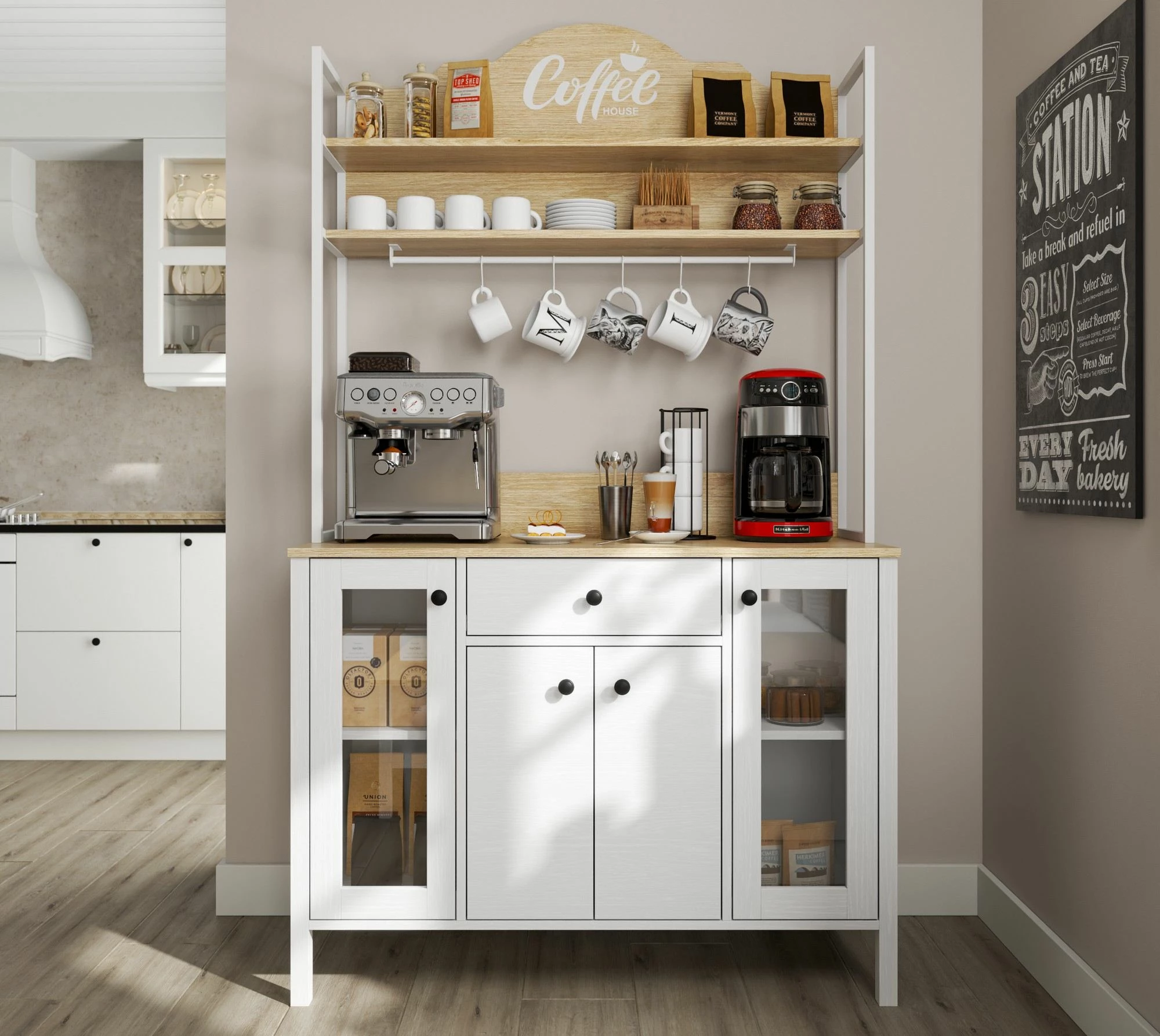 Dollap për kafe, ngjyrë druri dhe e bardhë, Hanah Home, FRN-20075-1