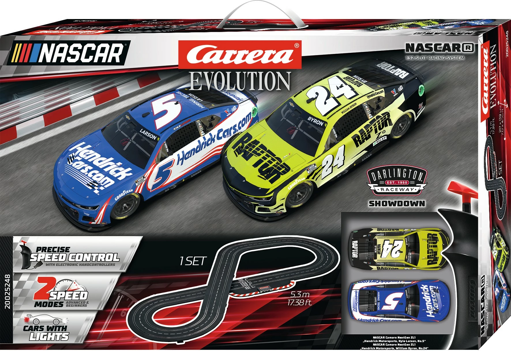 Set garash Carrera Evolution NASCAR Darlington Showdown, 2 makina, pistë 5.3m, multingjyrëshe