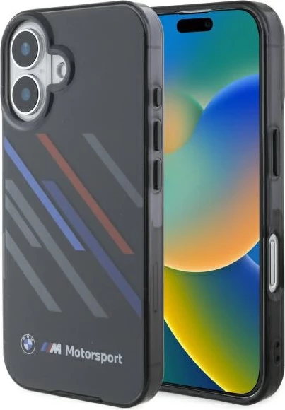 Mbështjellës BMW Motorsport IML Random Stripes për iPhone 16 Plus, Zi