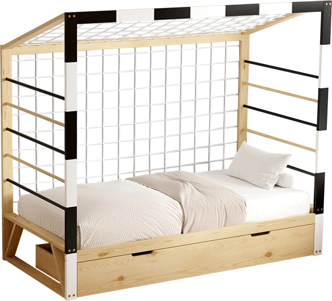 Krevat për fëmijë Montessori, me hapësirë për depo, GOALIE FH700, dru pishe, natyral-bardhë-e zezë, për dyshek 190x90cm