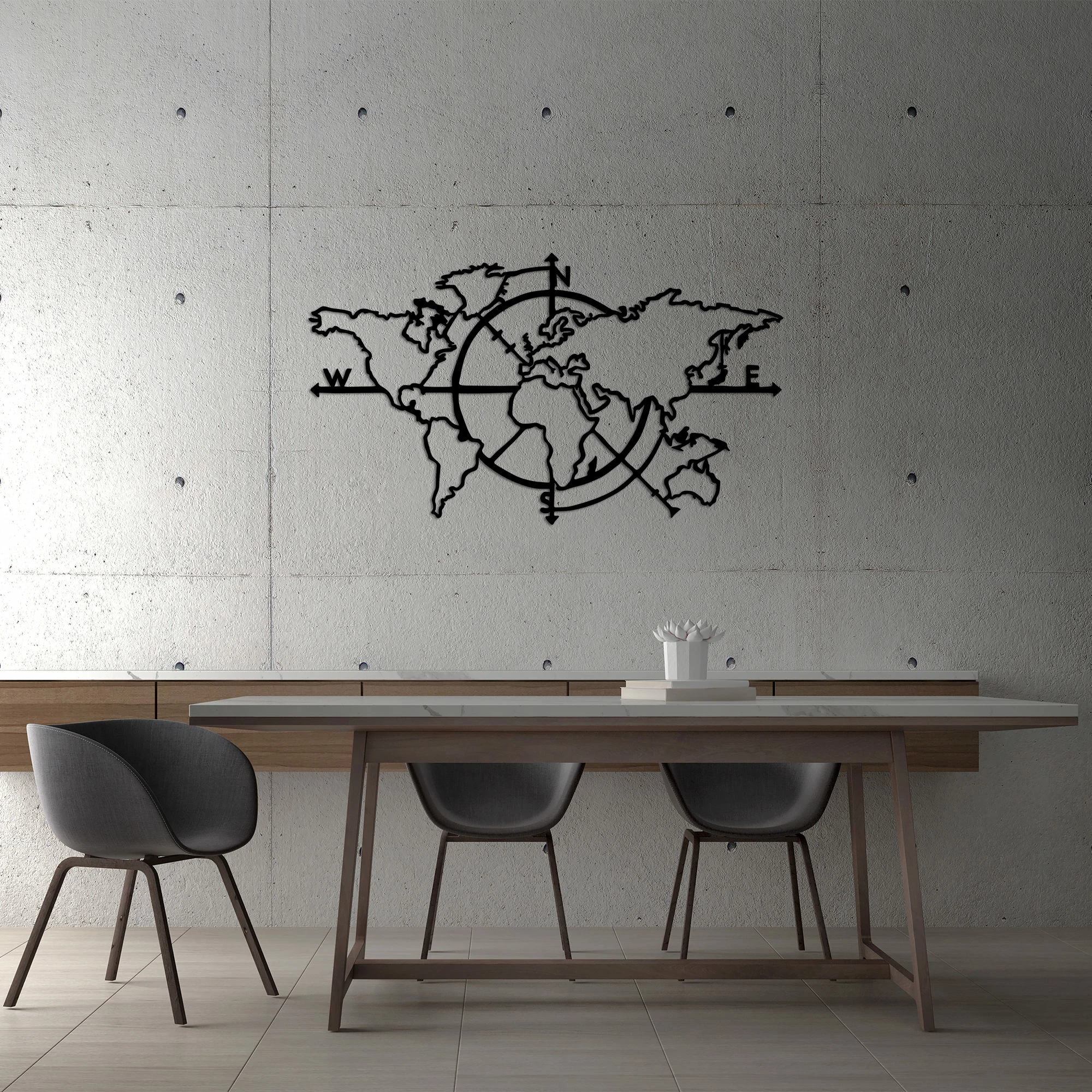 Aksesor dekorativ muri prej metali, hartë bote, Wallity, World Map 8, ngjyrë e zezë, 118x68cm
