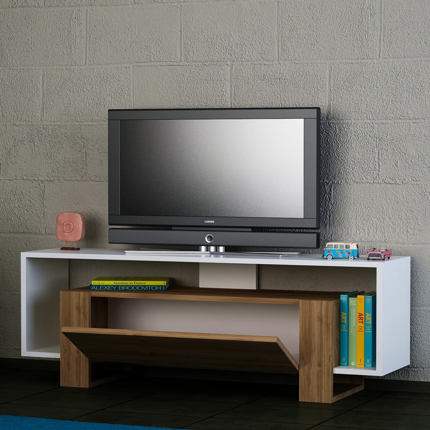 Mobilje TV melamine, ngjyrë e bardhë dhe arre, FH101.01, 120x33,2x48,6 cm