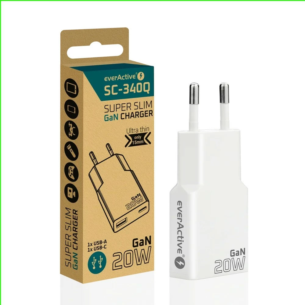 Karikues muri, everActive, SC-340Q, GaN super slim, USB QC 3.0 + USB-C PD 20W, 1x USB + 1x USB-C, i bardhë