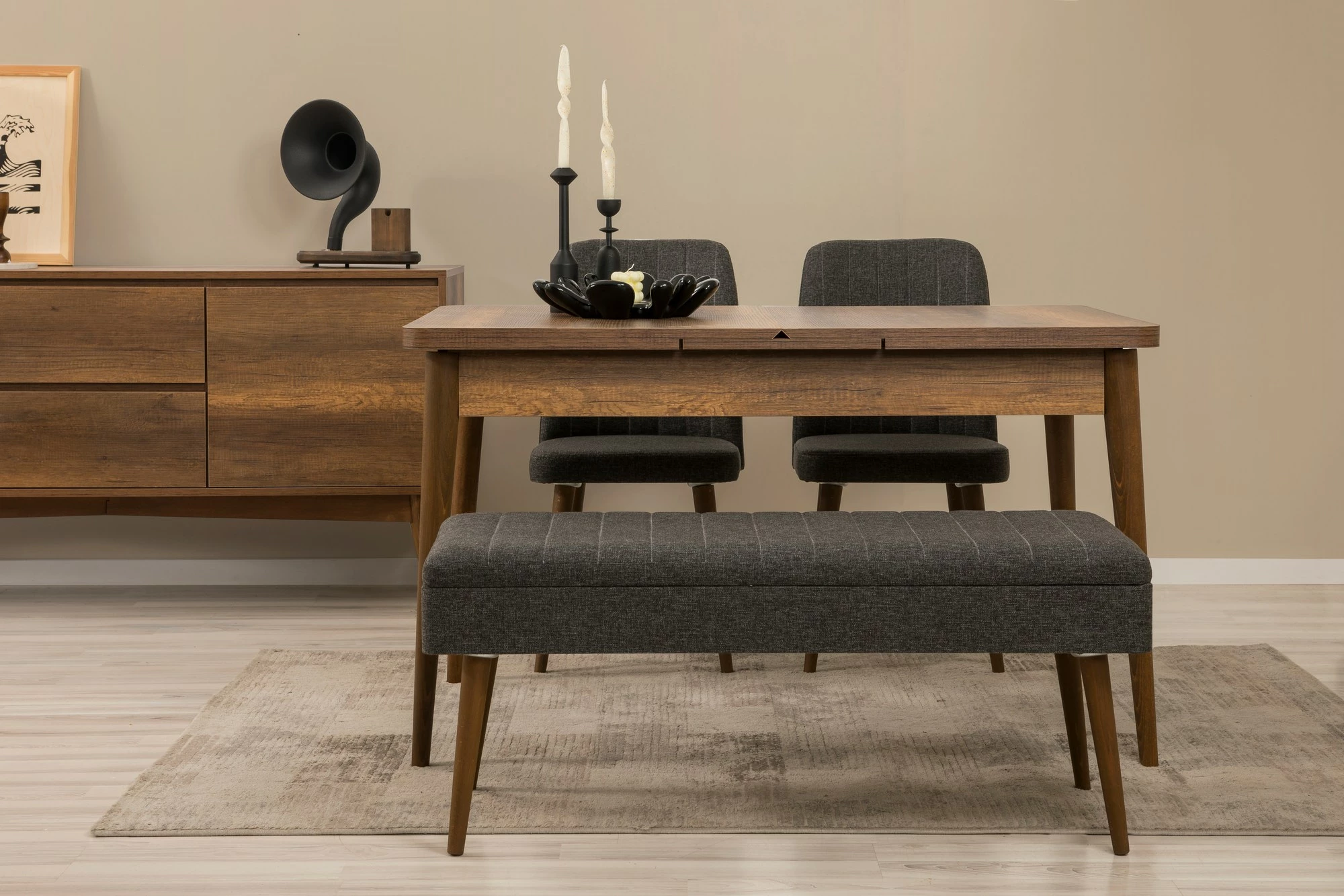 Set tavoline me karrige dhe konsolë, zgjatues, 5 pjesë, Skye Decor, Vina 02 1053, ngjyrë arre dhe antracit