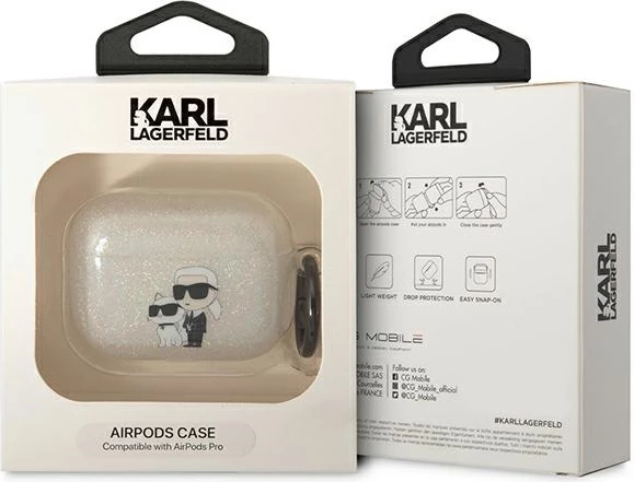 Mbështjellës Karl Lagerfeld KLAPHNKCTGT për AirPods Pro, transparent me shkëlqim, me unazë
