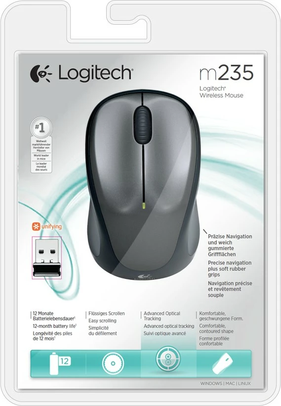 Maus Logitech Wireless M235, Ambidextrous, Optical, RF Wireless, 1000 DPI, Grey