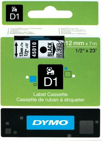 Shirit etiketimi, Dymo D1 45010 (S0720500), 12mm x 7m, poliester, i tejdukshëm/tekst i zi