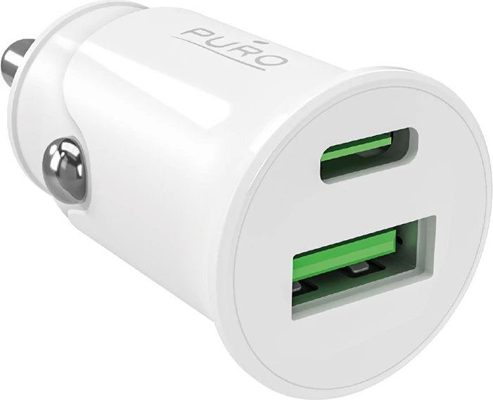 Karikues veture Puro Pro Lite, 2 porta (USB-A + USB-C), 20W, Bardhë