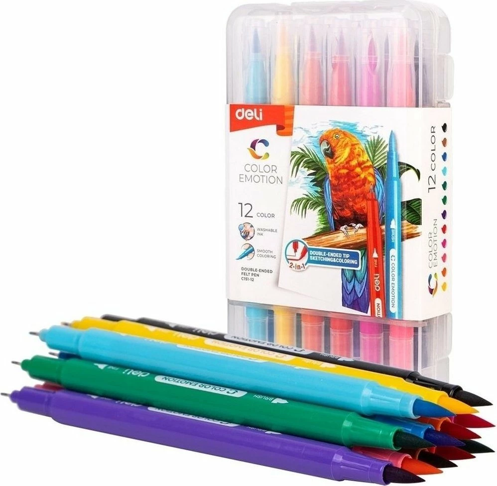 Flamastra dy-anëshe Deli Color Emotion, 12 ngjyra, set në kuti plastike