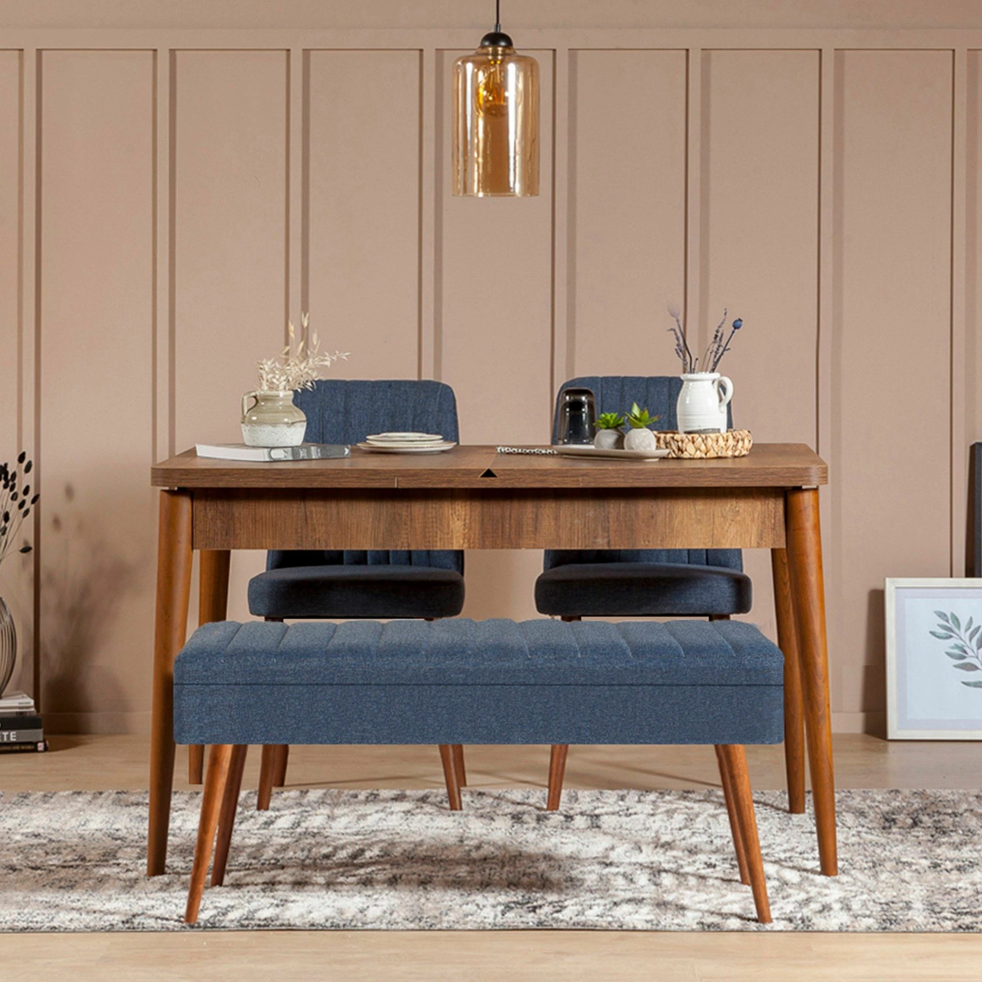 Set tavolinë me karrige për ngrënie, zgjatues, ngjyrë arre, blu e errët, Hanah Home Vina 1048 - 3, 4 pjesë