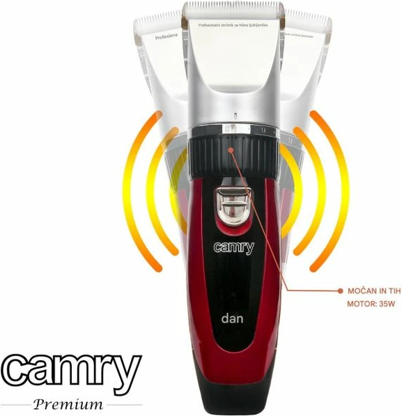 Makinë rroje për qime kafshësh CAMRY CR2821, 35W, USB, 4 krehra 3/6/9/12mm, me bateri shtesë, kuqe/zezë/argjendtë, set