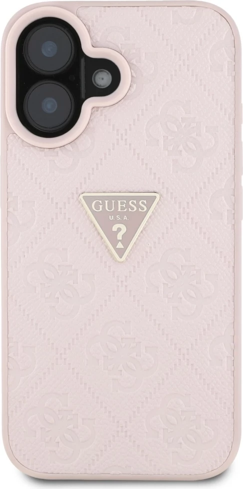 Mbështjellës Guess Hot Stamp 4G Pattern Triangle Metal Logo për iPhone 16, Rozë