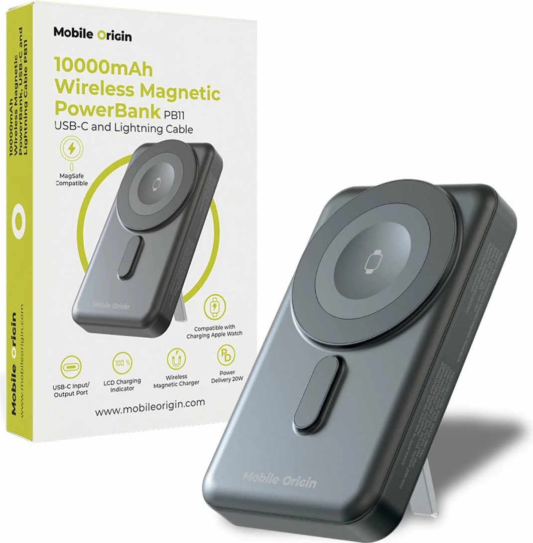 Powerbank wireless magnetik Mobile Origin PB11 10000mAh 20W me MagSafe, kabllo USB-C & Lightning të integrume, karikim Apple Watch, e zezë