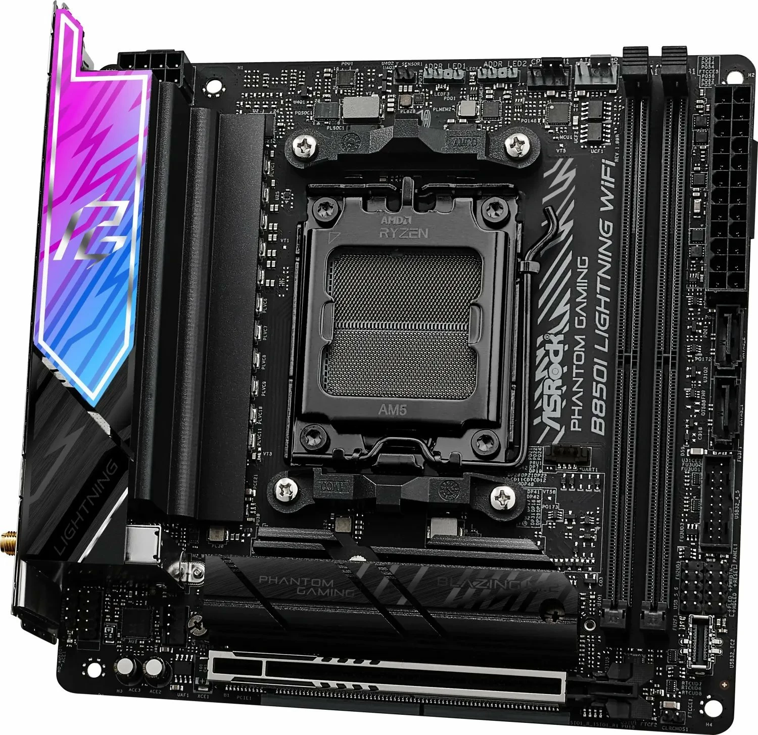 Pllakë amë ASRock Phantom Gaming B850I Lightning WiFi Mini-ITX, DDR5 deri 128GB, Wi‑Fi 6E, 2.5Gb LAN (me 2 antena WiFi)