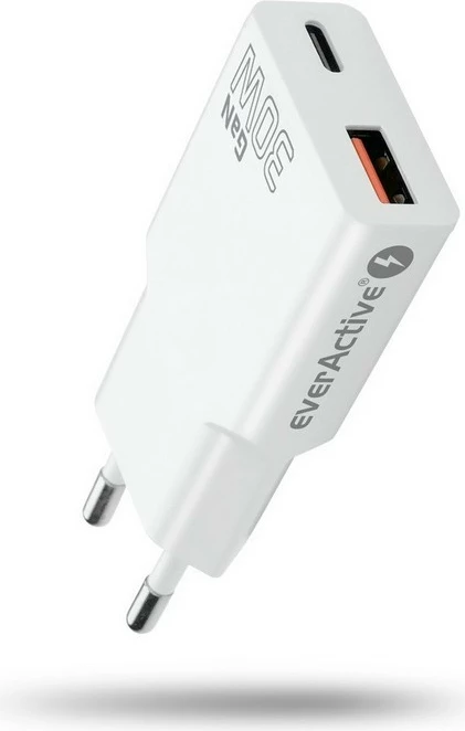 Karikues muri, everActive SC-380Q, GaN super slim 30W, 1x USB + 1x USB-C, QC 3.0/PD, e bardhë