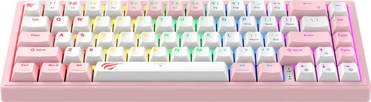 Tastierë mekanike gaming Havit KB874L, RGB, me kabllo, 67 taste, rozë dhe bardhë