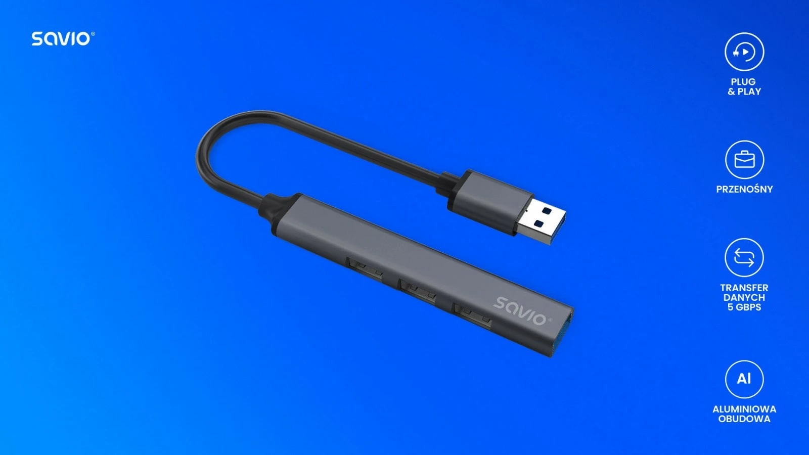 Hub USB-A 4 porta Savio AK-70, 3x USB-A 2.0, 1x USB-A 3.1 Gen 1, 5 Gbps, Alumini, Gri