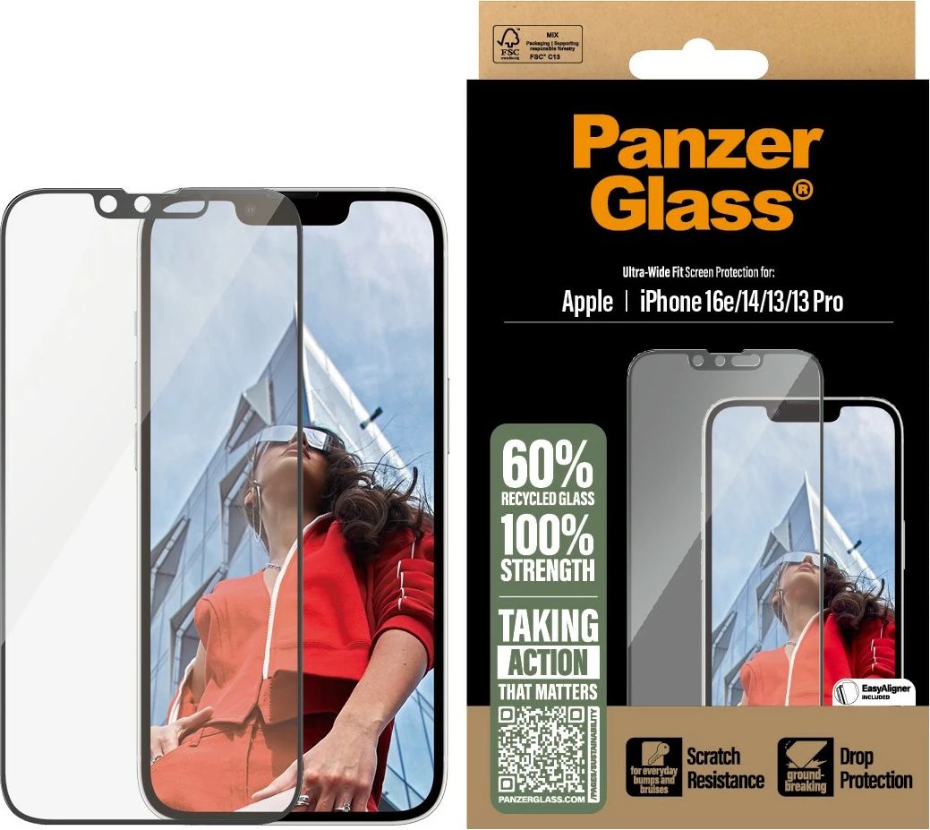 Mbrojtës ekrani PanzerGlass për iPhone 16e/14/13/13 Pro, transparent