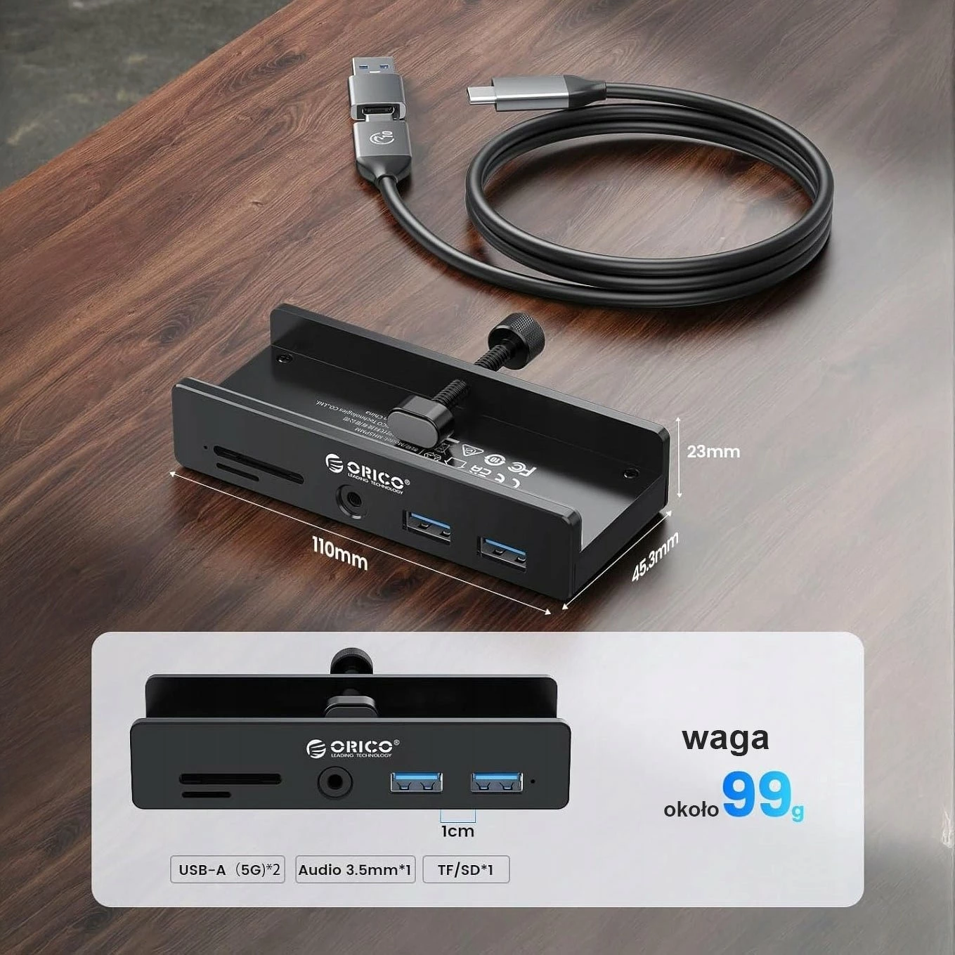 Hub USB-C Orico MH5PMM-10-BK-BP, 7-në-1 (2x USB-A 3.0, 2x USB-C, SD/microSD, audio 3.5mm), 5Gbps, i zi, set 1 copë
