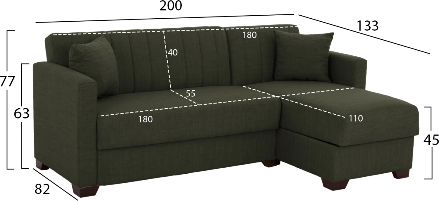 Divan këndor me shtrat, ngjyrë ulliri e errët, FH3244.05, 200x133x77 cm