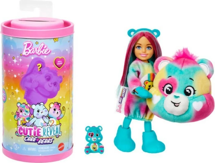 Kukull Barbie Cutie Reveal Chelsea Mattel JGH75, seri Care Bears, 6 befasi, minifigurë Care Bear, set 5-pjesësh, shumëngjyrësh