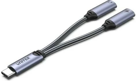 Adapter Unitek USB-C në 2 x port USB-C audio dhe 18W, ngjyrë gri