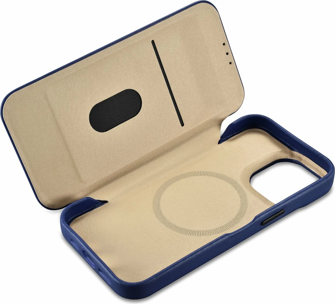 Mbështjellës iCarer CE Premium lëkurë folio për iPhone 14 Pro, MagSafe, Blu