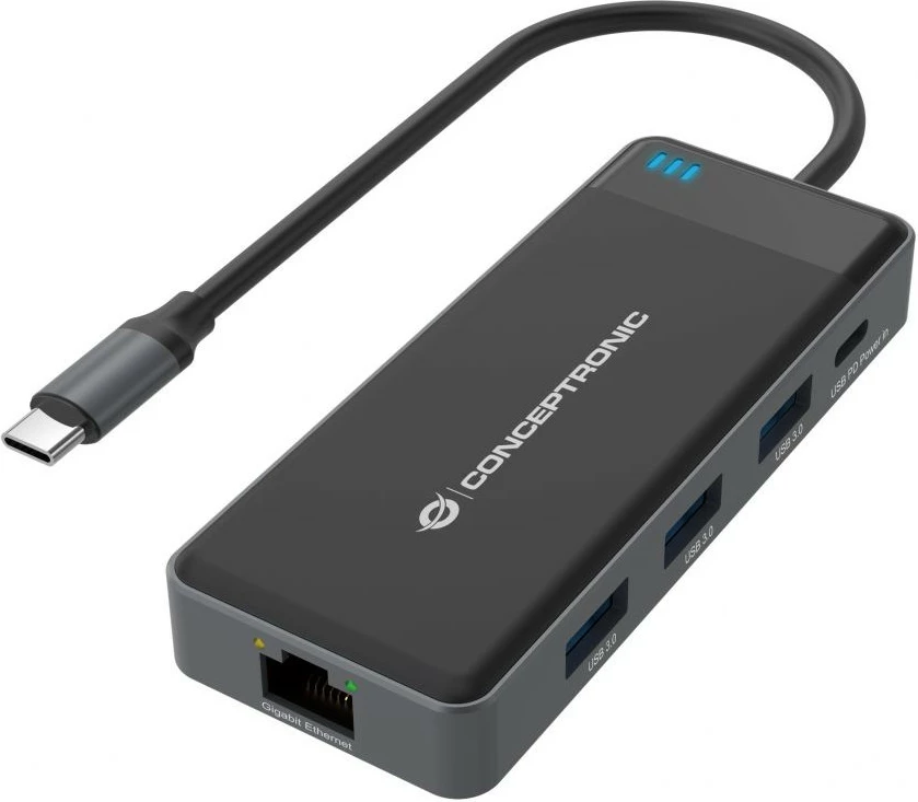 Docking station Conceptronic 7-1, 2x HDMI, 3x USB 3.0, Gigabit LAN, USB-C, 100W, 25cm, gri