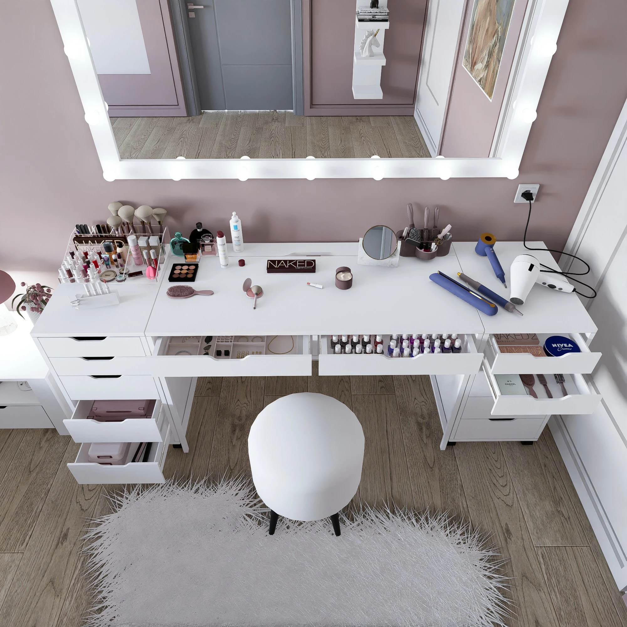 Tavolinë grimi Hanah Home, Duru 1600-55, ngjyrë e bardhë mat