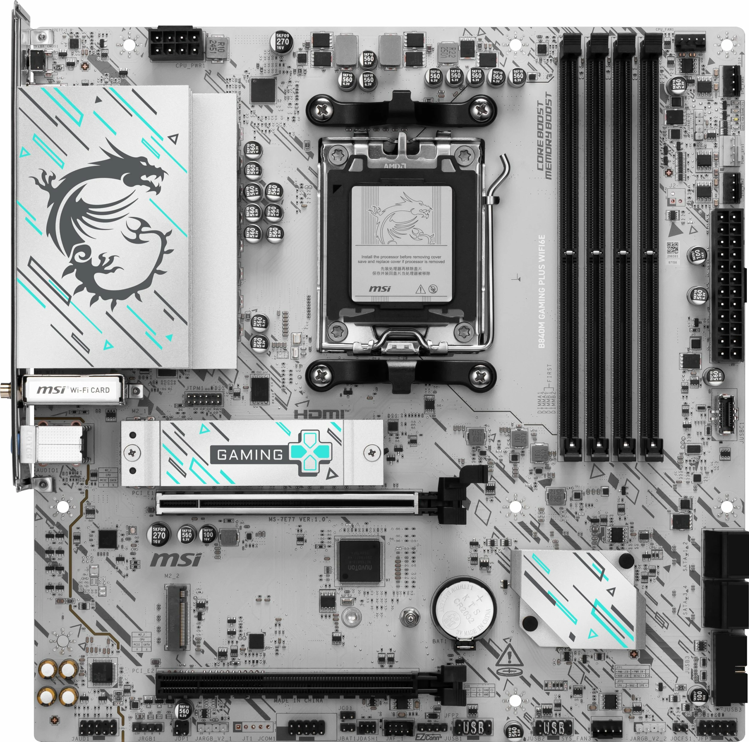 Pllakë amë MSI B840M GAMING PLUS WIFI6E AM5 Micro-ATX DDR5 Wi‑Fi 6E Bardhë/Gri