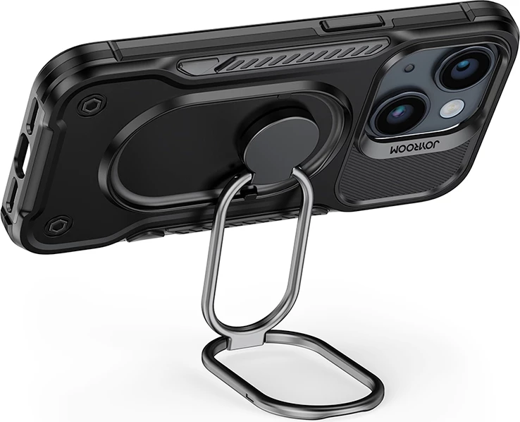 Mbështjellës Joyroom Dual Hinge për iPhone 14 Plus, me këmbalec dhe ring holder, Zi