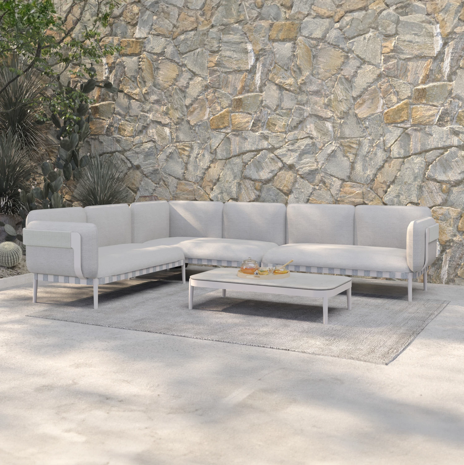 Set lounge për jashtë, 4 pjesë, PEGASUS CD6199.02, alumin i bardhë krem, litar P.E. bezhë & material OLEFIN