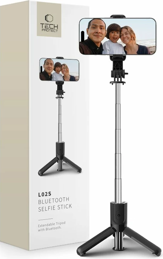 Selfie stick me tripod Tech-Protect L02S, Bluetooth, për celular, i zi